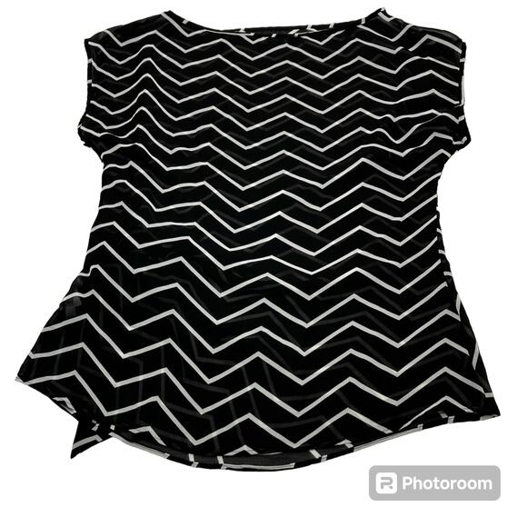 Chaps Womens SZ S Chevron Black & White Top Sheer Asymmetrical Hem Bow At Waist - Picture 5 of 14